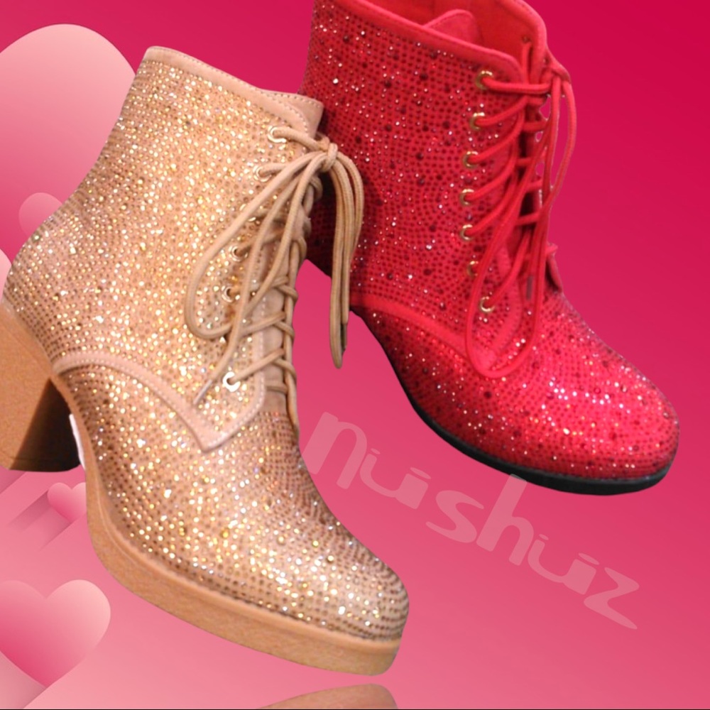 Last Pair! Italina Red Metallic Glitter Rhinestone Embellished Combat Booties - Picture 3 of 6